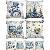 SEGXCFL Double - Sided Printing Christmas Pillow Covers 18×18 Set of 4,Linen Xmas Tree Buffalo Plaid Snowman Blue Christmas Pillow Covers Decorative Cushion Covers for Sofa Couch Holiday Home Decor