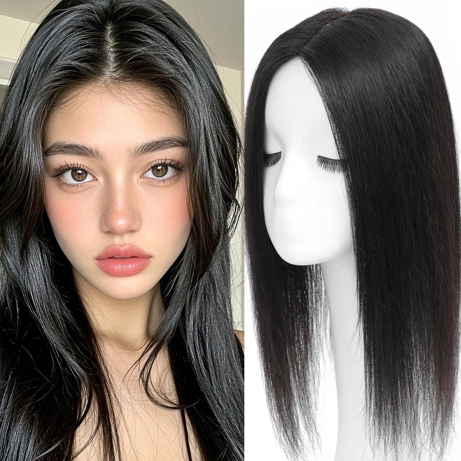 Photo 1 of RMYHIG Hair Toppers for Women Real Human Hair, 360°3D Topper for Women with Thinning Crown Wispy Clip in Bangs Breathable Hand Tied Craft Big Coverage Hairpieces(Black?Big Coverage?, 16 Inch-3D-Side)