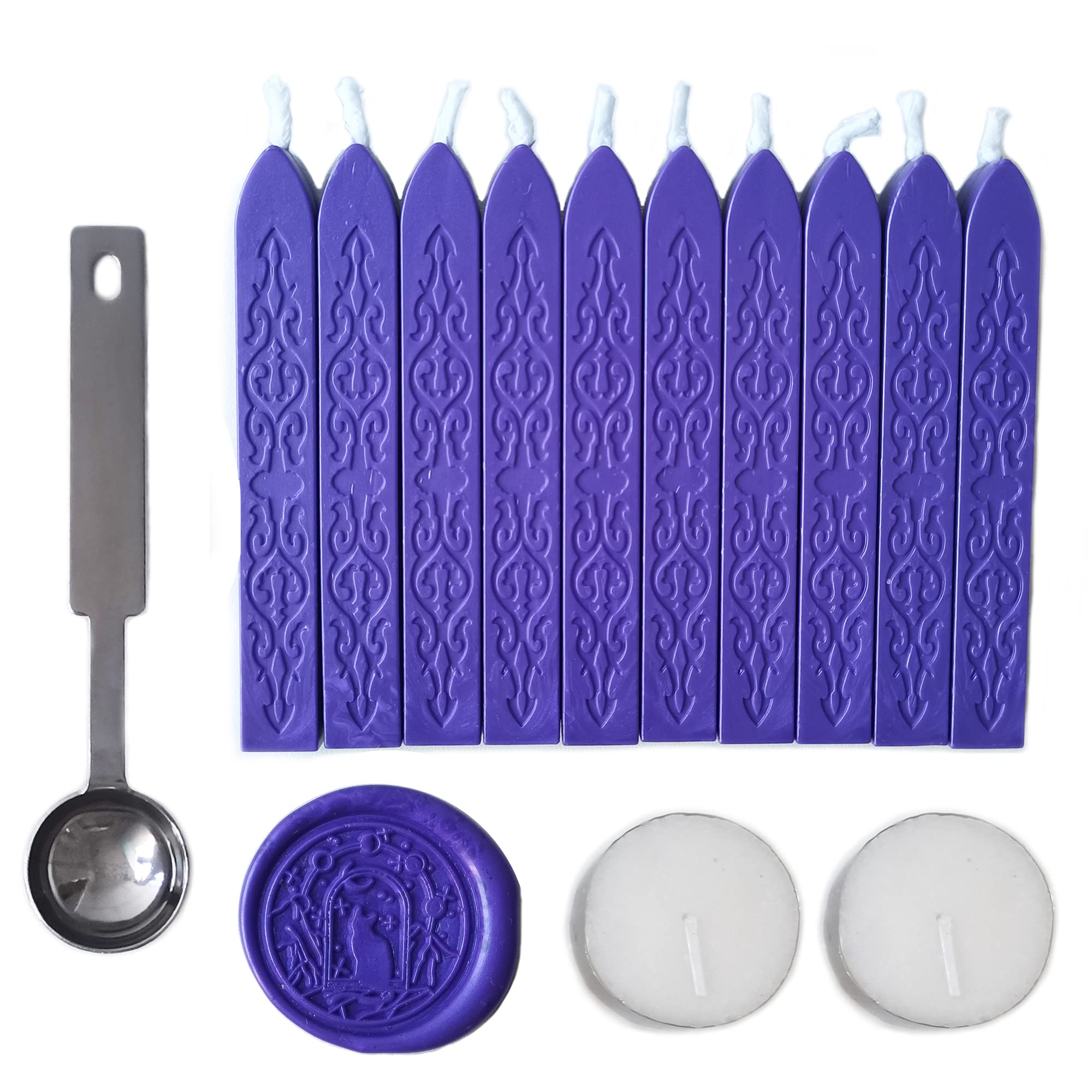 Sealing Wax Sticks with Wick, AMTOL 10 PCS Wax Seal Sticks with 2 Pcs White Candles and 1 Pcs Wax Melting Spoon, for Wedding Invitations,Cards Envelopes and Seal Stamp (Purple)