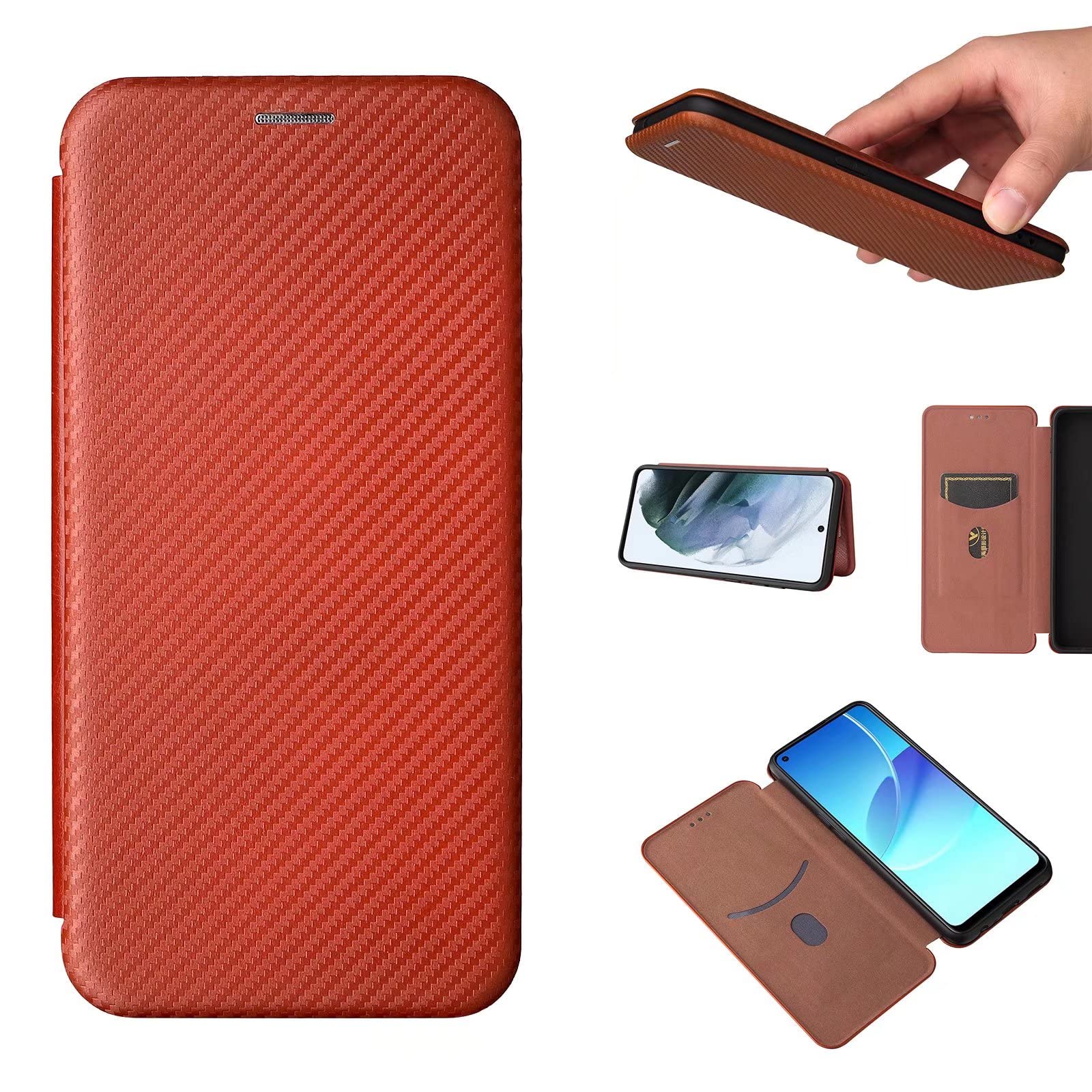 ESONG Carbon Fibre Phone Case for Google Pixel 7, with Magnetic Closure and ID Card Holder Slot case,Scratch-Resistant Carbon Fibre PC + Shockproof TPU + Free Stand - Brown — image 1