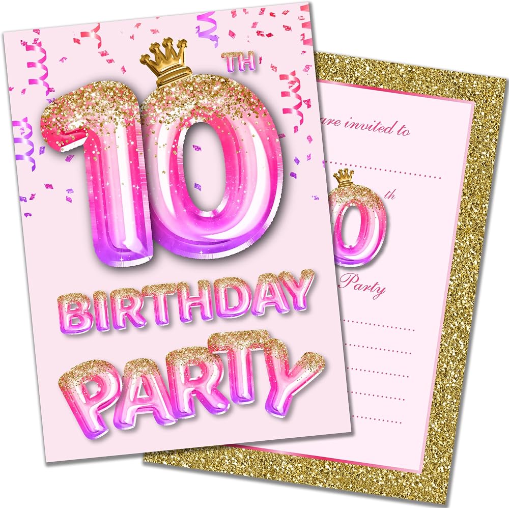 Olivia Samuel 20 Pack 10th Birthday Invitations Pink Gold Glitter Ready to