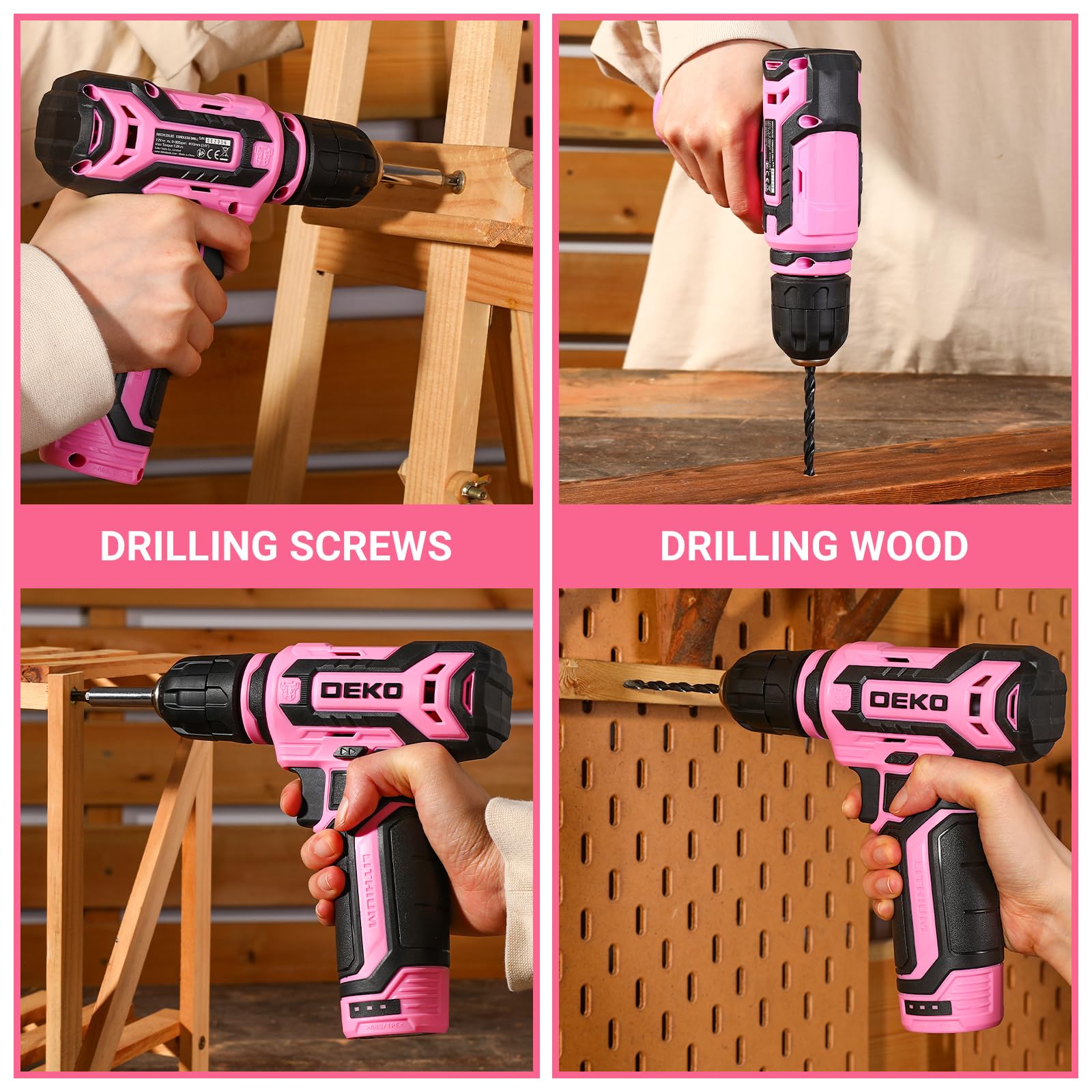 Cordless Drill：DEKOPRO 12V Power Drill Set with Pink 800RPM Electric Drills with Tool Set Gift Box, Pink Drill Set for Women