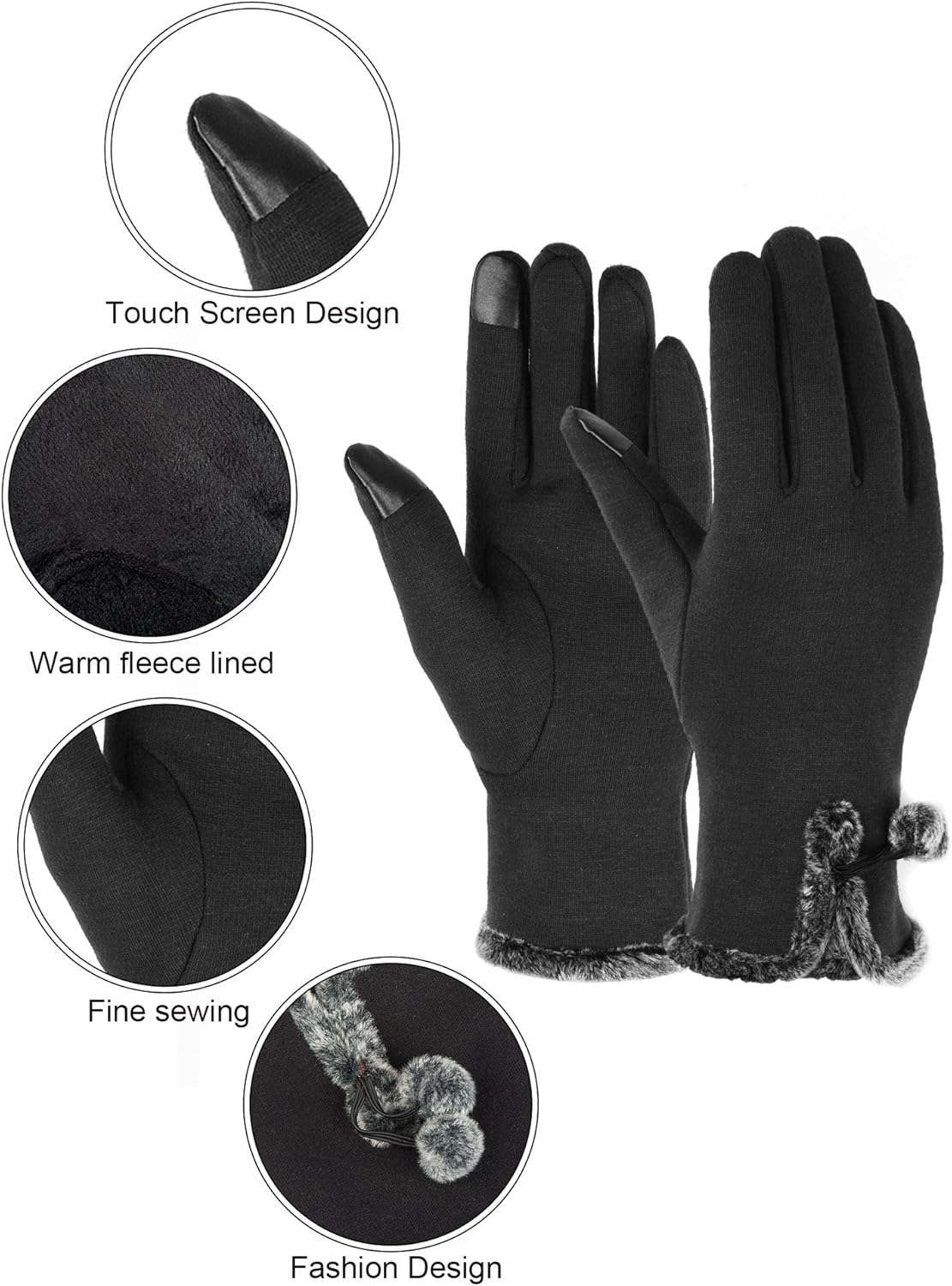 OTIOTI Womens Gloves Winter Touch Screen Texting Gloves for Women Fleece Lined Thick Warm Gloves (1 Pairs-Black, one size) at  Women’s Clothing store