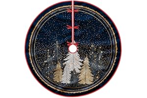 Pine Trees Tree Skirt, Christmas Festive Stars Gold Accents Christmas Navy Blue Velvet Tree Skirt Holiday Decorations for Hom