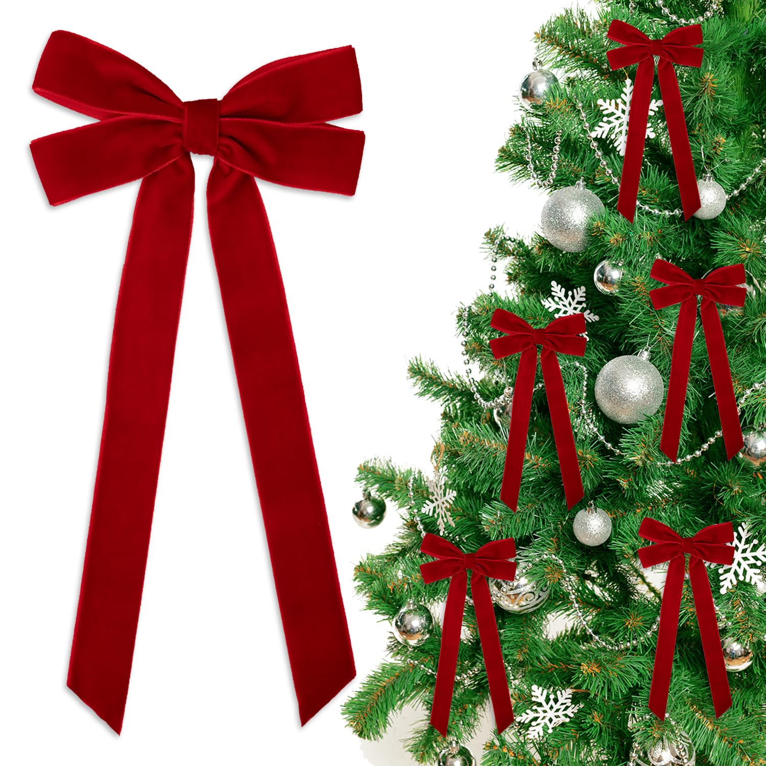 Photo 1 of 12 PCS Red Velvet Christmas Bows Ornaments Decorations, 10.2'' Vintage Long Velvet Bows Decor Ornaments for Christmas Tree Wreath Mantle Stair Gift Wrap, 0.98’’ W/5.11 * 10.23 inch