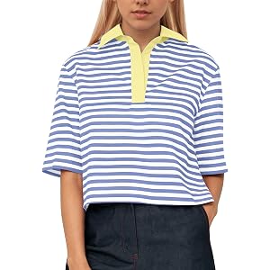 MISSACTIVER Women's Striped Polo Shirts Short Sleeve Lapel Collar Oversized Crop Tops Summer Casual Color Block Henley Tshirt