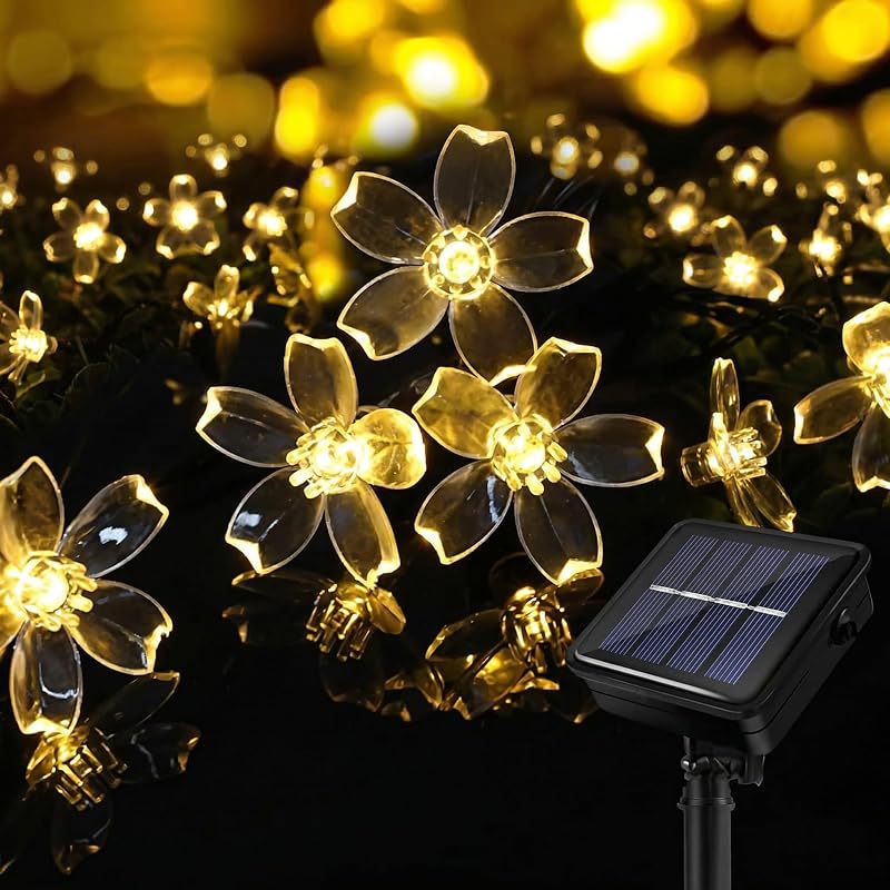 Guirlanda solar exterior, luzes solares de 11 m, flores exteriores, 60 LED, impermeável, 8 modos com memória, flores LED para jardim, terraço, varanda, festa, casamento, decoração de pátio