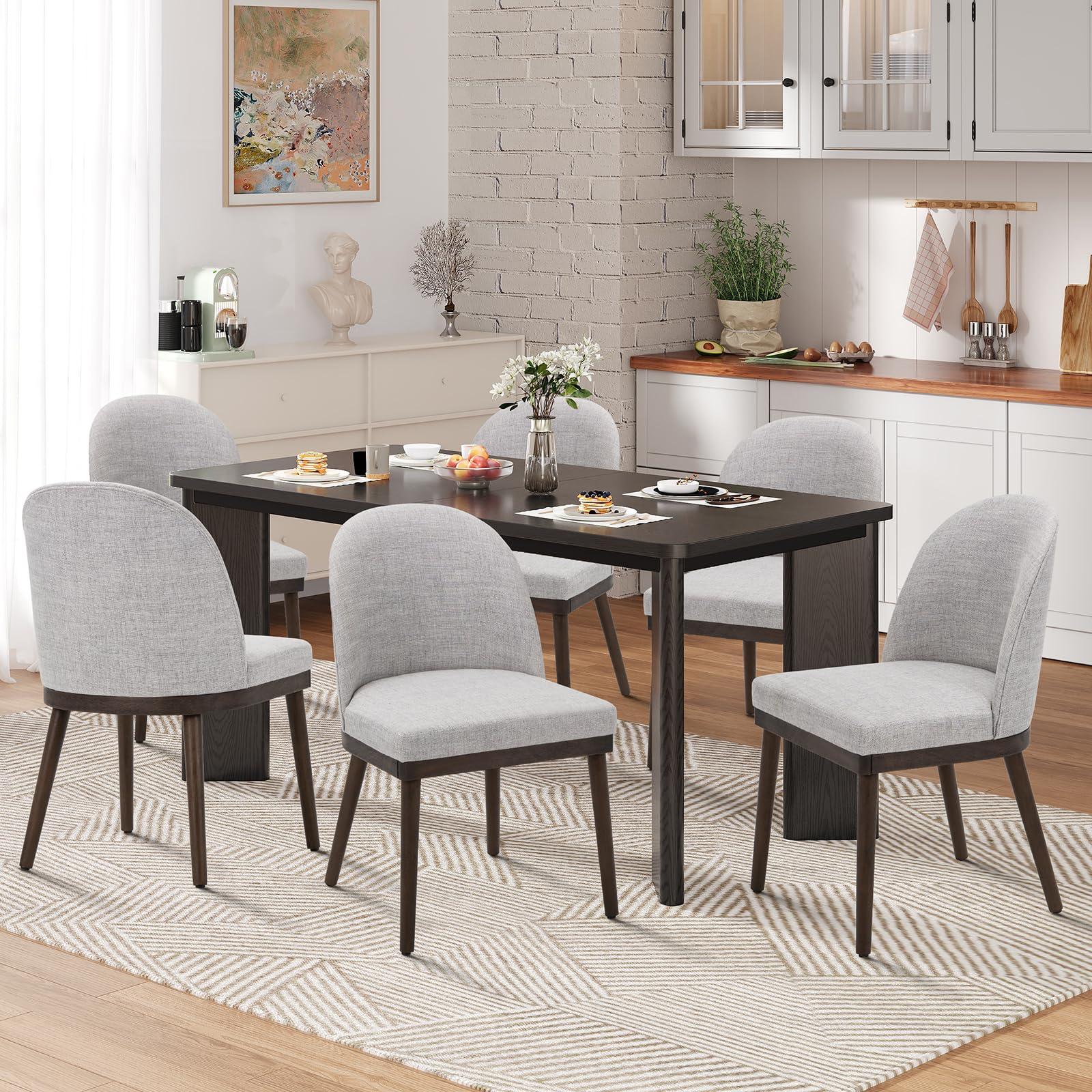 Photo 1 of *ONLY ONE* MALOL 7-Piece Rectangular Dining Table Set for 6, 63" Industrial Kitchen Table with 6 Upholstered Curved Back Dinner Chairs for Dining Room, Kitchen, Living Room, Black+Light Gray