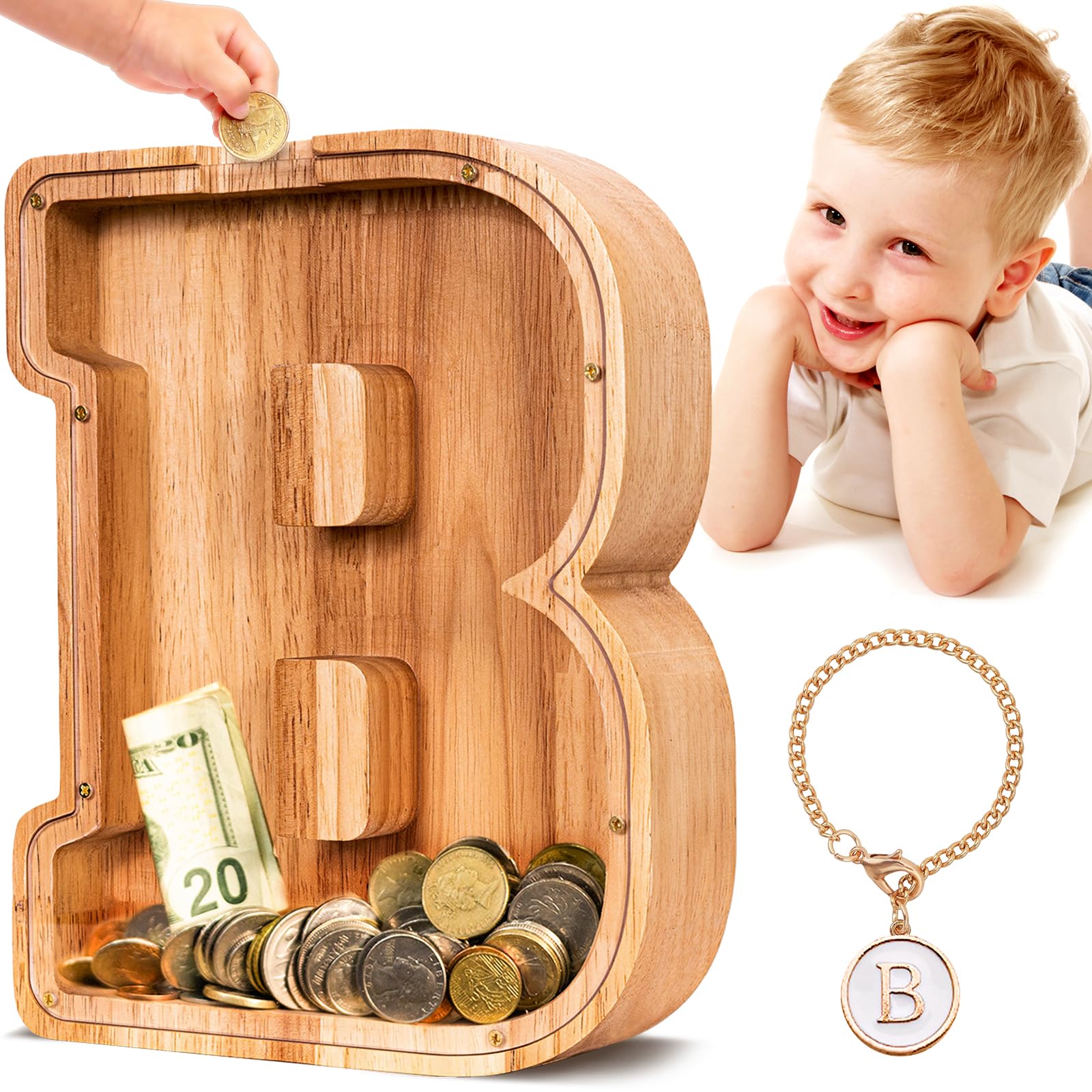 SummiDate Wooden Letter Money Box for Kids, Personalised Piggy Bank for Boys Girls Toddler, Alphabet B Coin Money Bank for Birthday Children's Day Gift