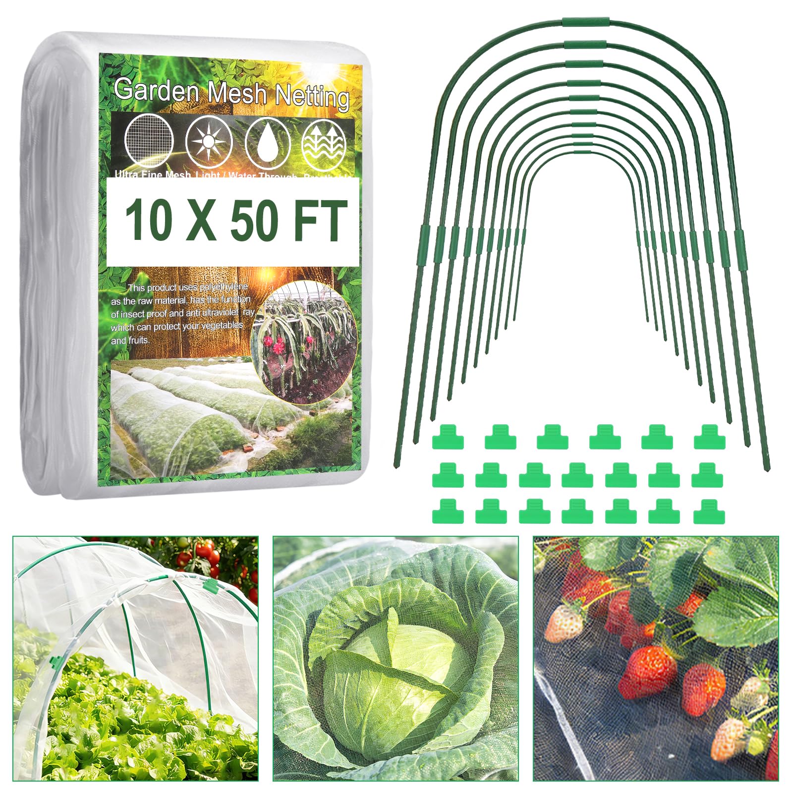 Photo 1 of Fippy Garden Netting Kit, 10 X 50FT Garden Netting Pest Barrier with 10 Sets Garden Hoops and 20pcs Clips, Insect Netting Row Cover for Raised Beds Vegetable Fruits Flowers Protection