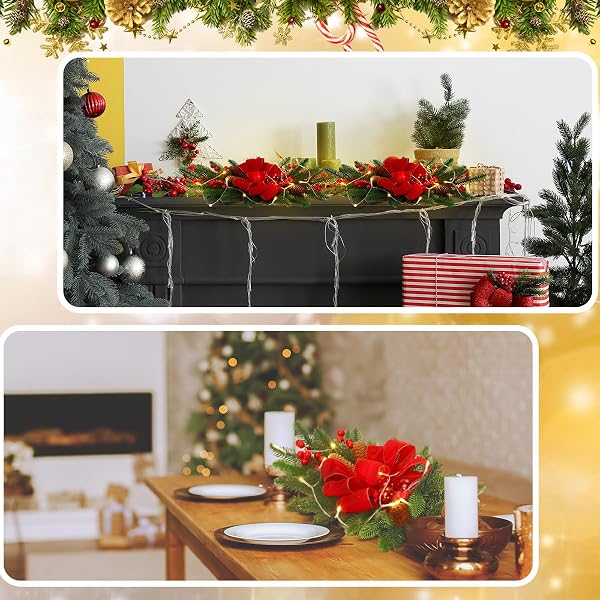 HIBOOM 3 PACK ARTIFICIAL CHRISTMAS TEARDROP SWAGS 24″ XMAS CORDLESS PRELIT STAIRWAY SWAG CHRISTMAS GARLAND STAIRS RAILS DECORATION WITH LED LIGHTS FOR INDOOR OUTDOOR(RED,CLASSIC STYLE)
