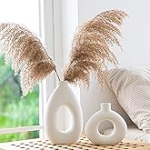 White Ceramic Vase Set of 2 for Modern Home Decor, Round Matte Donut Vases for Pampas Grass, Boho Nordic Minimalism Style Modern Flower Vases for Living Room Table Bookshelf Office Bedroom