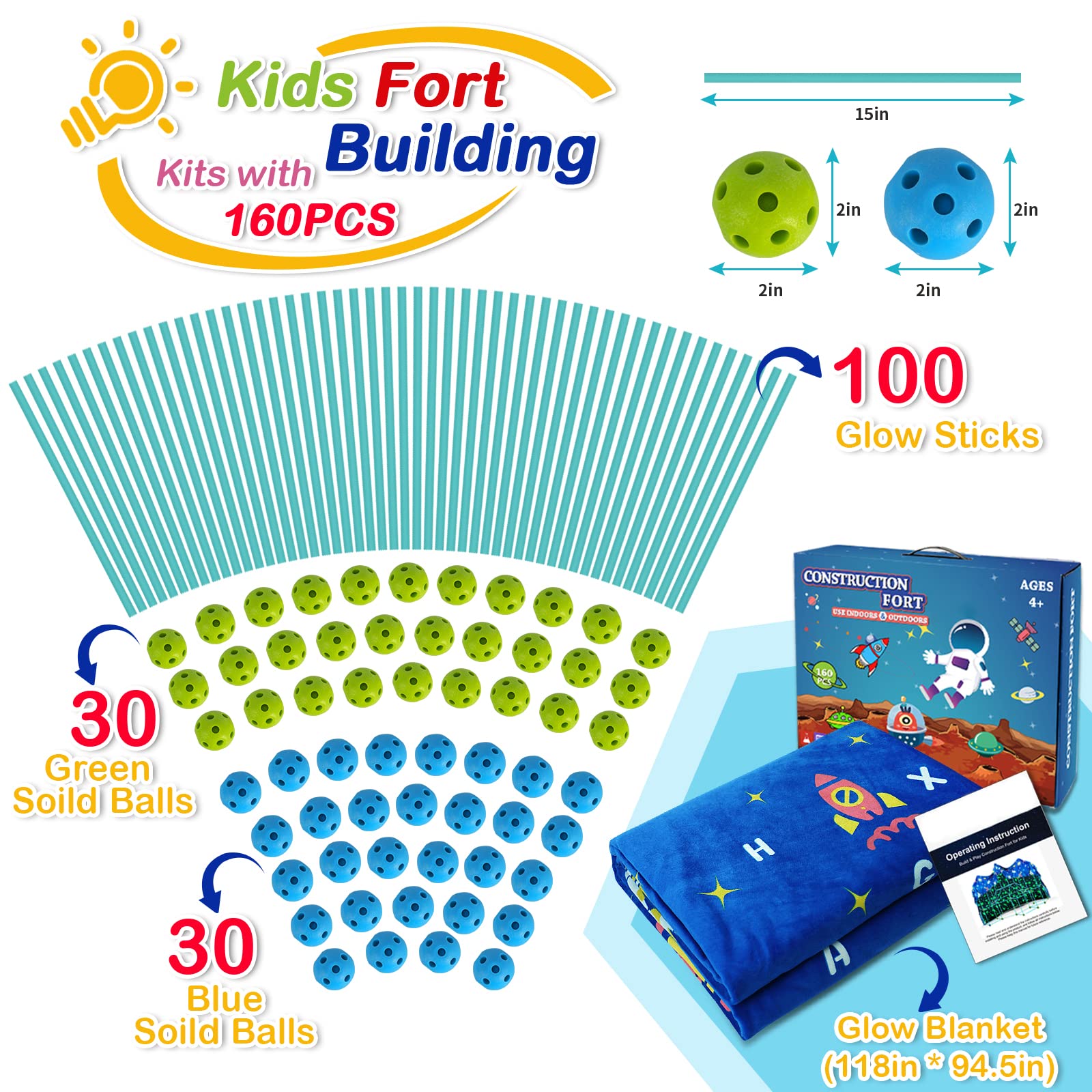 160PCS Kids Fort Building Kit Glow in the Dark Build a Fort with Blanket STEM Educational Toys for 4 5 6 7 8 9 10 11 12 Years Boys Girls Ultimate Construction Gift DIY Forts Builder Set Indoor Outdoor