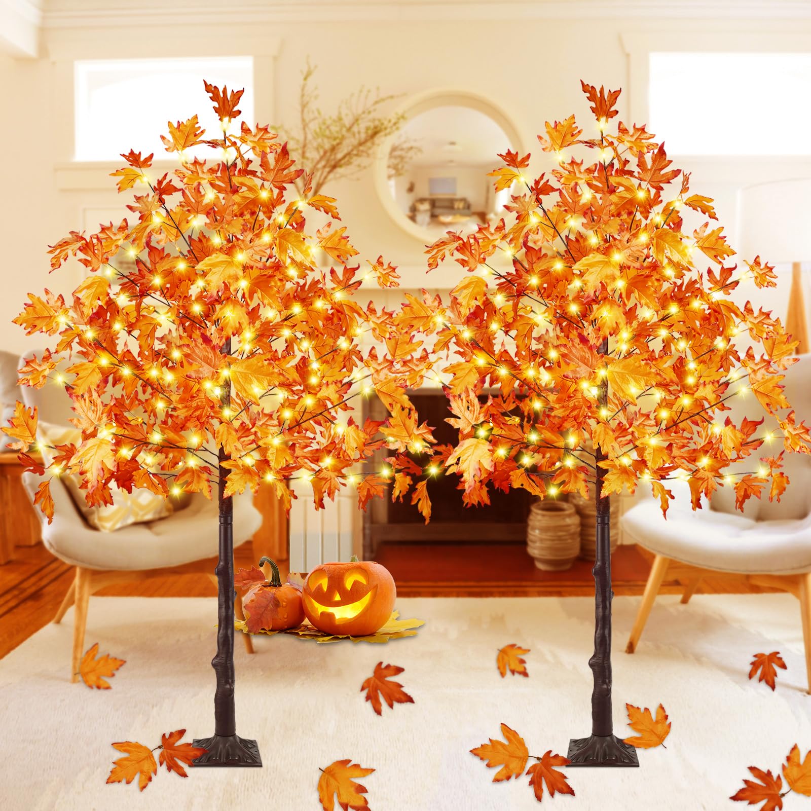 Photo 1 of 2Pack 6FT 300LED Artificial Lighted Maple Tree, Fall Decorations for Home, Timer Function Prelit Fall Decor Maple Tree with Warm White Light for Indoor Outdoor Harvest Halloween Thanksgiving Day