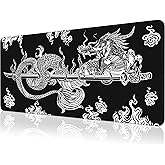 Japanese Dragon Large Gaming Mouse Pad for Desk, Black Mouse Pad Gaming Mouse Mat Desk Pad, Non-Slip Base Computer Pad Keyboard Mat, 31.5x11.8in XL Mousepad with Stitched Edge for Home Office