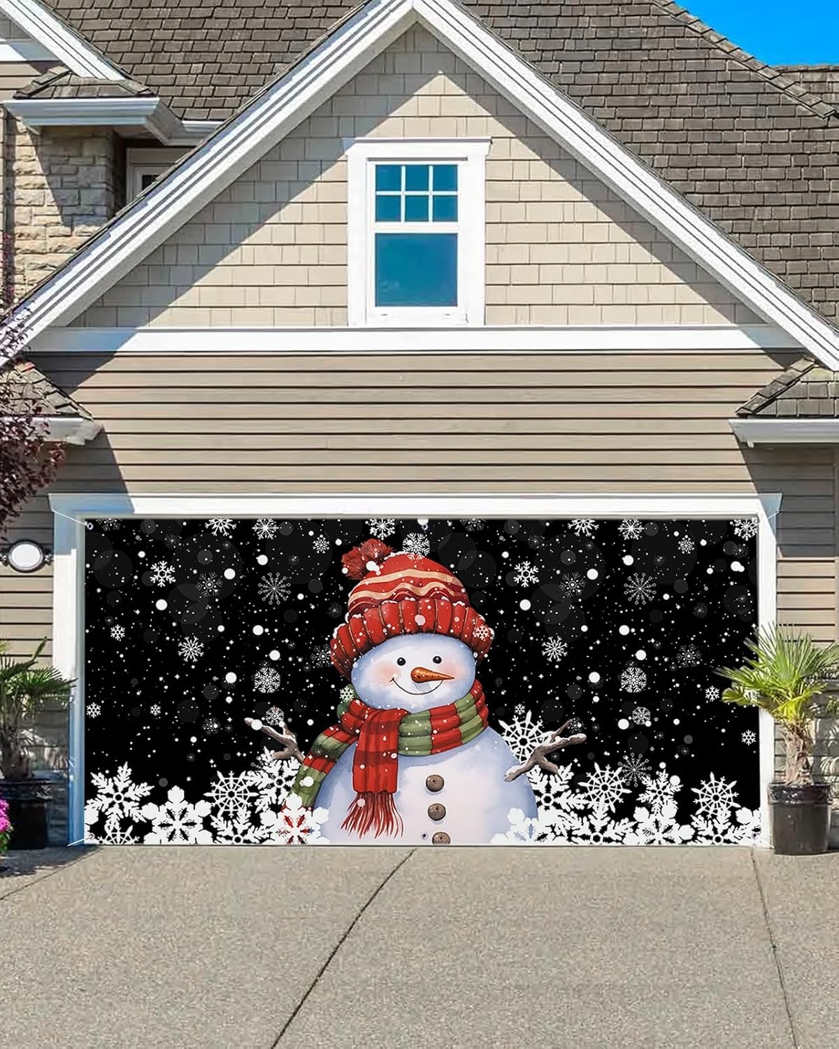 Garage Door Decorations - Christmas Garage Door Banner Cover 7 x 8 ft, Christmas Snowman White Snowflakes Black Christmas Garage Door Decorations Holiday Christmas Backdrop Decor for Winter New Year Xmas Party
