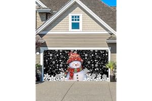 SINGINGIN Christmas Garage Door Banner Cover 7 x 16 ft, Christmas Snowman White Snowflakes Black Christmas Garage Door Decorations Holiday Christmas Backdrop Decor for Winter New Year Xmas Party