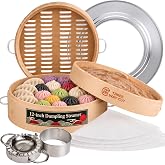 12" Bamboo Steamer Easy Lift, Extra Deep &amp; Wide Dumpling Steamer Basket Set | 2 Tier Extra Large Dumpling Steamers, Reusable Liners, Ring Adapter, Mold &amp; Press For Cooking Asian Chinese Food &amp; Vegetable