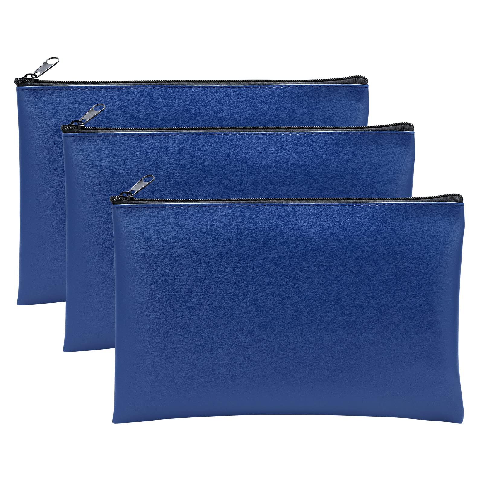 BEIMEIII Bank Bags Pack of 3, 25 x 16 cm, PU Leather, Blue, Zipper Storage Bag for A5 Documents, Business, Household, School