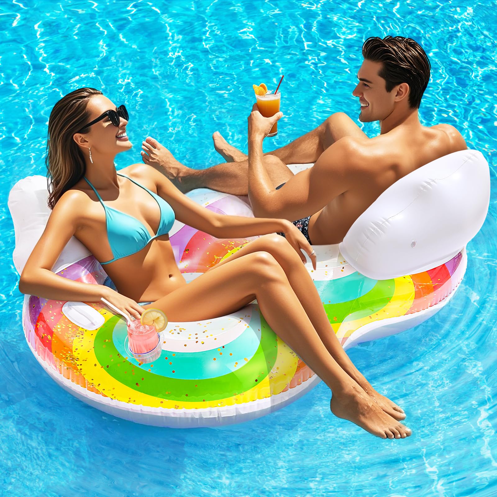 HeySplash Pool Floats Adult, 2 Seat Inflatable Rainbow Float with Cloud Backrests and Handles, Pool Float with Cup Holders for Family/Friends/Couple, Pool Float Chair for Beaches, Lakes, Pool Parties