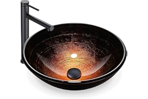 Aquaterior Bathroom Vessel Sink Round Tempered Glass Vintage Sink with Single Handle Mattle Black Faucet and Pop-up Drain Combo Mounting Ring Kit