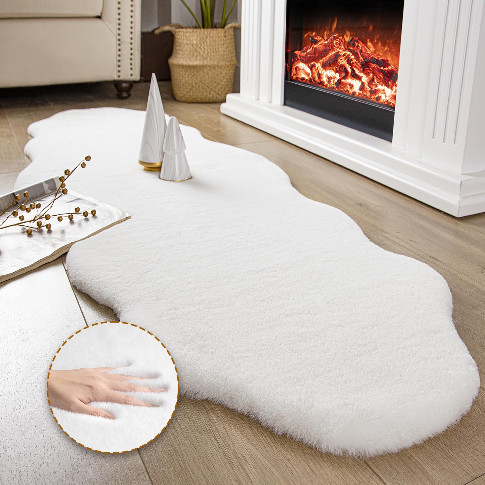 Photo 1 of Ashler Faux Fur Rug, Upgraded Soft Faux Rabbit Fur White Area Rugs, 2 x 6 Feet, Machine Washable Nursery Decor Throw Rugs for Bedroom, Kids Room, Living Room