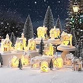 Vinsot 26 Pcs Resin Winter Miniature Village Sets Light up,Scene Town, 8 LED Houses Figurines, and 8 Pine Trees, Snow Table Decor for Winter Building Ornaments