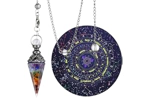 YUJIANmy 7 Chakra Crystal Pendulum with Divination Mat, 6 Facet Hexagonal Resin Stone Dowsing Pendulums Necklace for Reiki He
