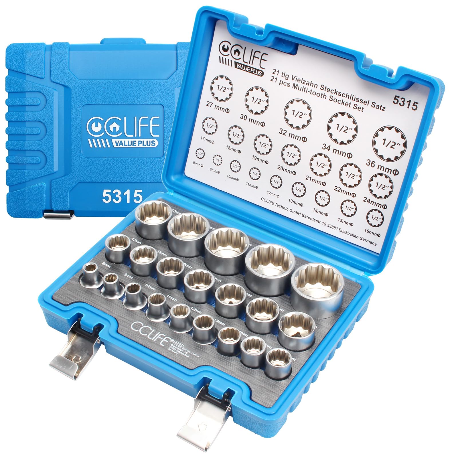 CCLIFE 21pcs 8–36mm Spline Socket Set, 1/2'' Drive, 6-Point & 12-Point Multi-Tooth CRV Socket Kit