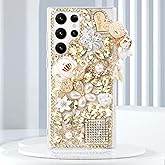 Guppy for Galaxy S25 Ultra Bling Case, 3D Bling Shiny Rhinestone Diamond Crystal Pearl Handmade Pendant Iron Tower Pumpkin Car Flowers Soft Protective Anti-Fall Case for Galaxy S25 Ultra(Gold)