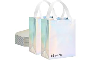 RACETOP 15 Pcs Iridescent Glossy Gift Bags Medium Size, 8x4x10 Inch Holographic Reusable Gift Bags with Handles & Sturdy Base, Ideal for Birthday, Wedding, Bachelorette, Party Favors, Holiday Goodie