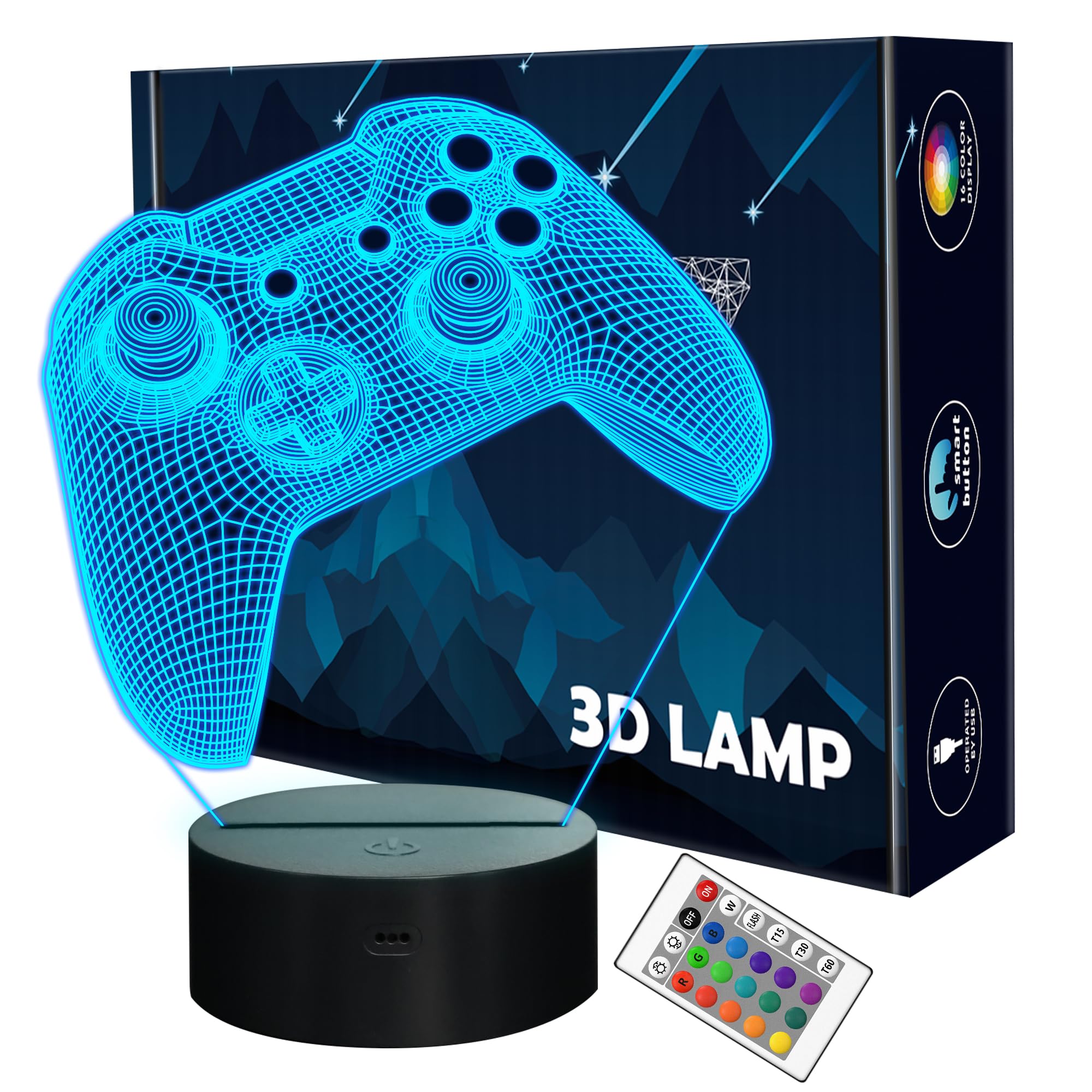 3D Gamepad Nachtlicht, Lightzz Game Console Illusionslampe mit Fernbedienung + Touch 16 Farbblinken Wechseln + Timer Schreibtischlampen Kinderzimmer Geschenke für Spielefan