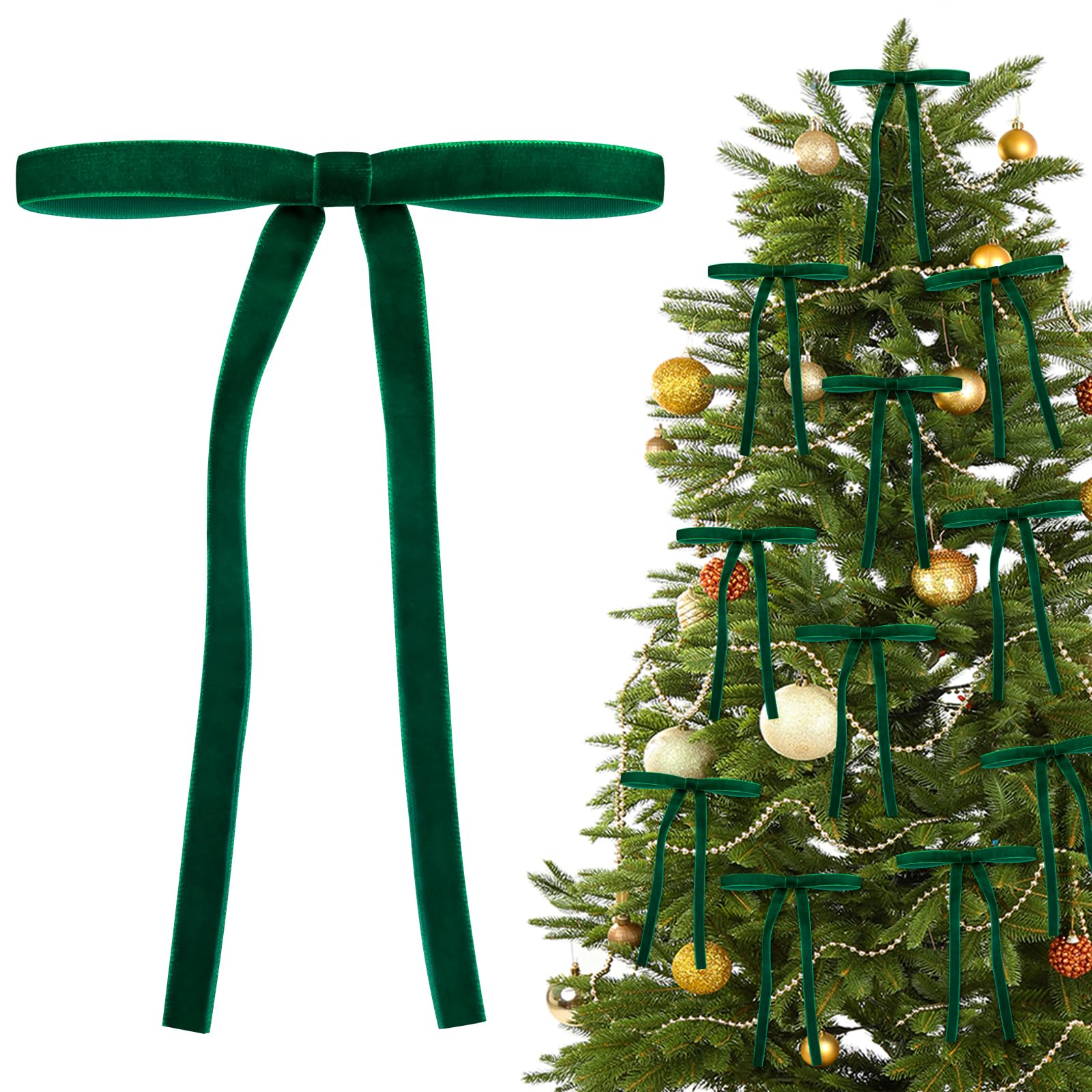 Shining She 30 PCS Christmas Velvet Bows, 5 x 7in Christmas Tree Bow Ornaments, Vintage Velvet Christmas Tree Bow Decorations, Velvet Bows with Twist Ties for Xmas Wreaths Garland Tree, Dark Green