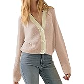 Women Button V Neck Cardigan Sweater Contrast Knit Lightweight Long Sleeve Open Front Cropped Cardigans