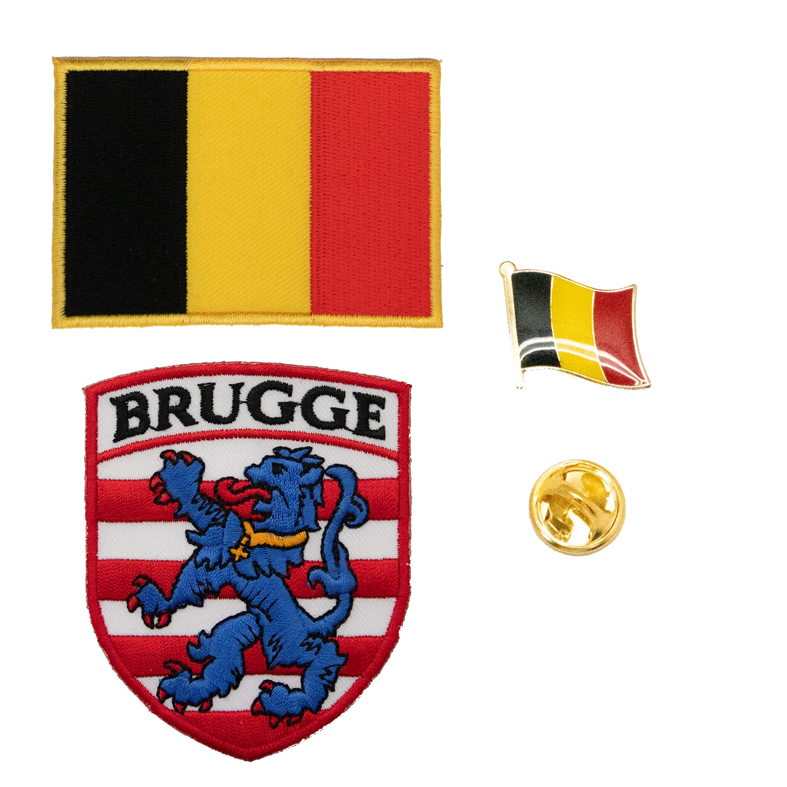 A-ONE 3 PCS Pack- Belgium Brugge Flag Shield Patch + Belgium Flag Bag Patch + Belgium Lapel Pin, Brugge Embroidered Patches, Official Lapel Badge