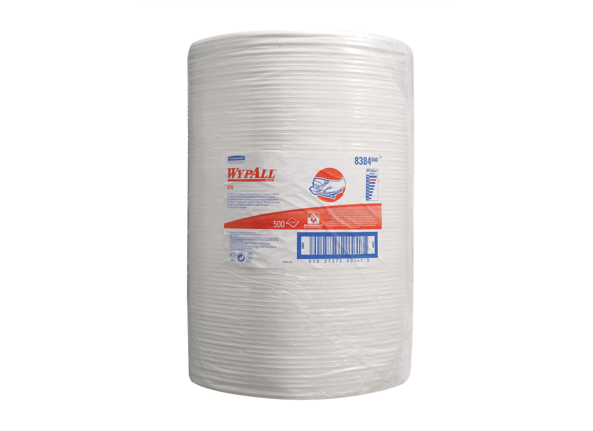 WypAll, 8384, X70 Cloths , 1 ply, Large, White, 1 large Roll x 500 Cloths