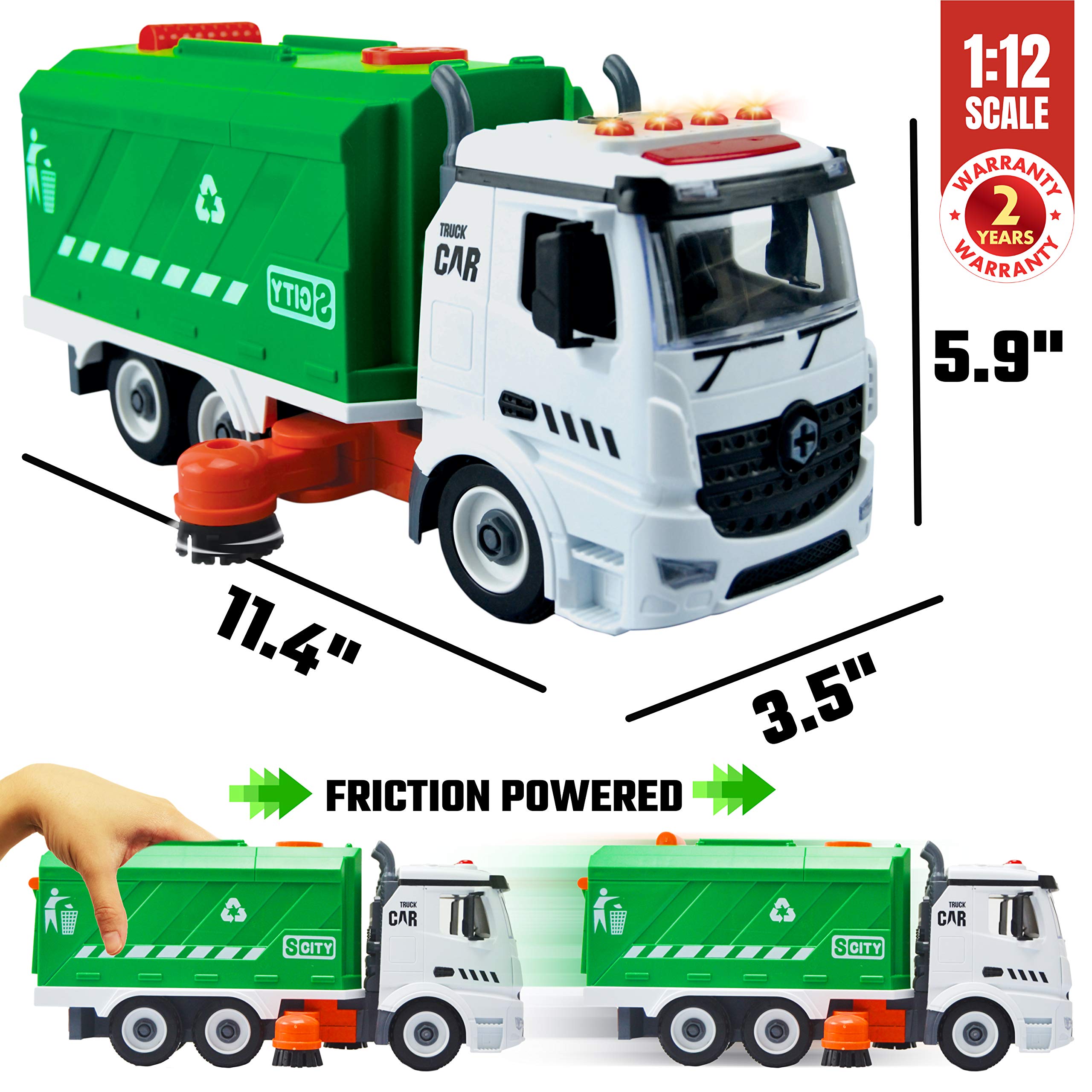 71 Pcs Take Apart Garbage Truck Playset - 1:12 Scale Push & Go + Electric Drill, Sounds & Lights, Road Signs Set, 4 Trash Cans & 40 Flash Cards for Learning - Recycling Truck for boys ages 4 5 6 7 8 +