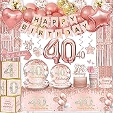 Cocomigo 195pcs 40th Birthday Decorations for Women with Plates, Cups, Banner, Sash, Balloons, 2pcs Waterproof Tablecloth, and Fringe Curtain Rose Gold Happy 40th Birthday Decorations, Serve 20