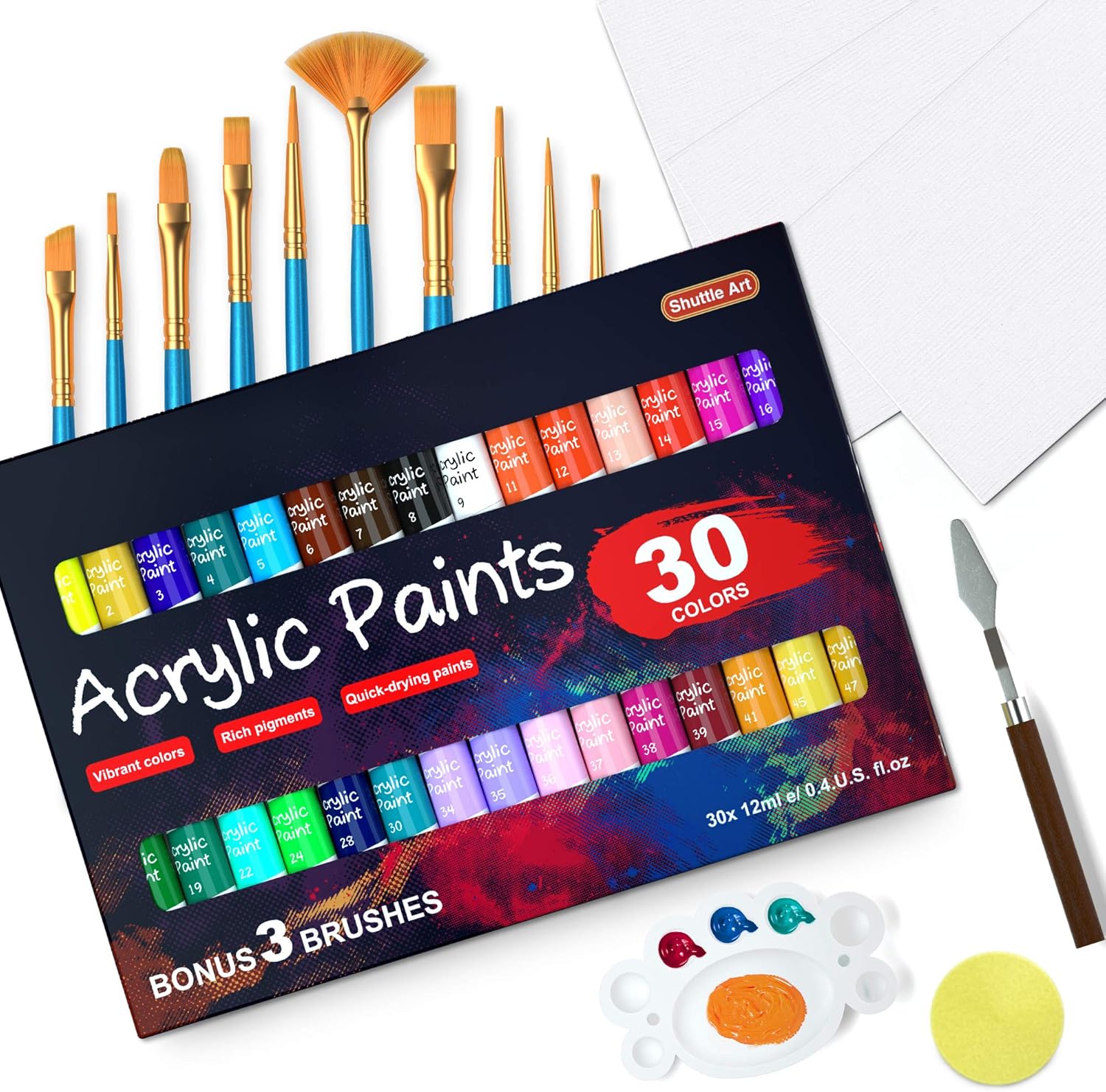 46 Pack Acrylic Paint Set, Shuttle Art 30 Colors Acrylic Paint with 10 Paint Brushes 3 Painting Canvas 1 Paint Knife Palette Sponge, Complete Gift Set for Kids, Adults Painting Canvas, Wood, Ceramic : Office Products