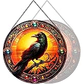 RIVEENY Crow Suncatcher Stained Glass, Stained Glass Window Hanging,Crow Wall Decor Bird Gifts for Bird Lovers, Halloween Fall Decor for Home, Cafe, Office 20cm/7.87inch
