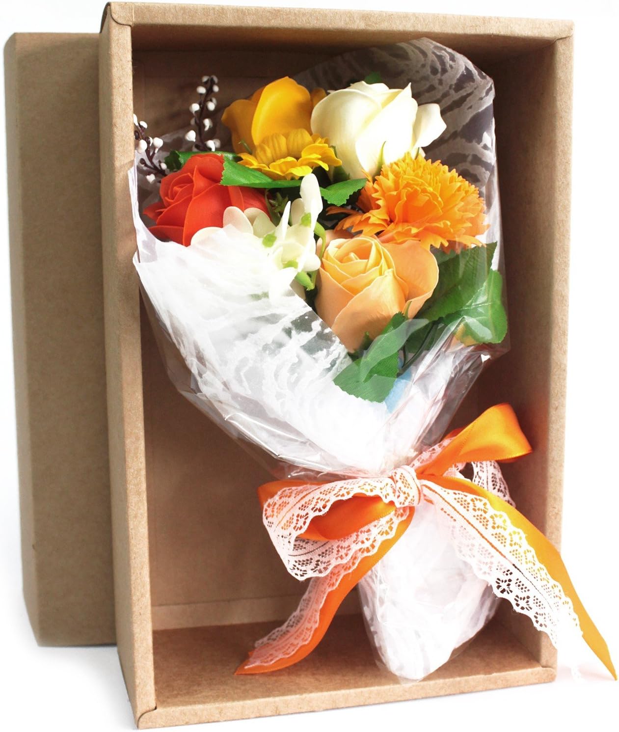 Boxed Soap Flower Bouquet - Orange - Approx 25x13x6cm