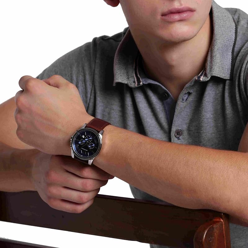 Orologio da uomo, movimento cronografo al quarzo, cassa in acciaio inossidabile da 45 mm con cinturino in pelle, AX2501, Marrone e argento