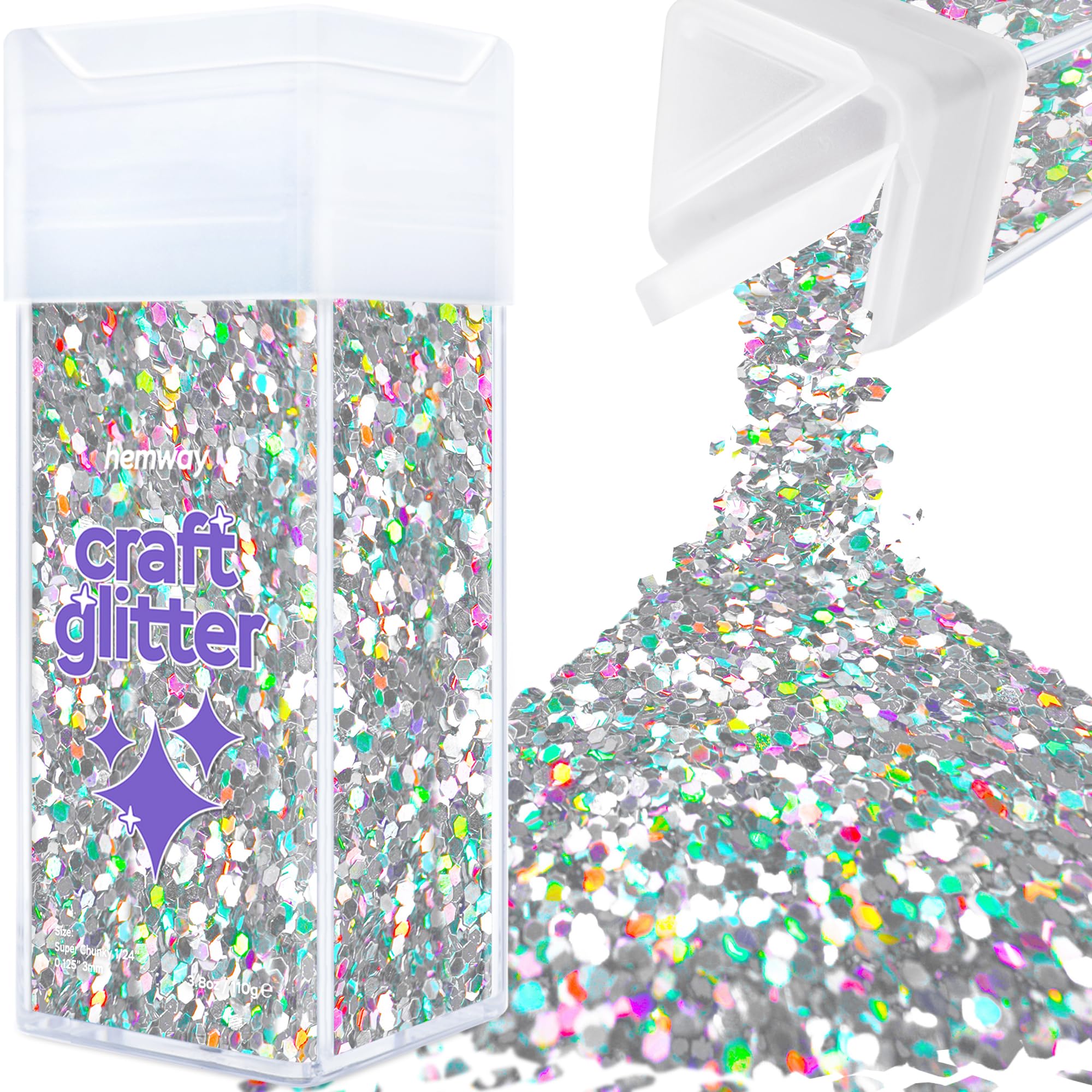 Hemway Glitter Shaker Silver Holographic 110g Super Chunky, Craft Glitter Shaker for Resin & Epoxy Crafts, Christmas Art Supplies, Nail, Body, Face, Eye, Festival, Crafting, Slime, Sparkle