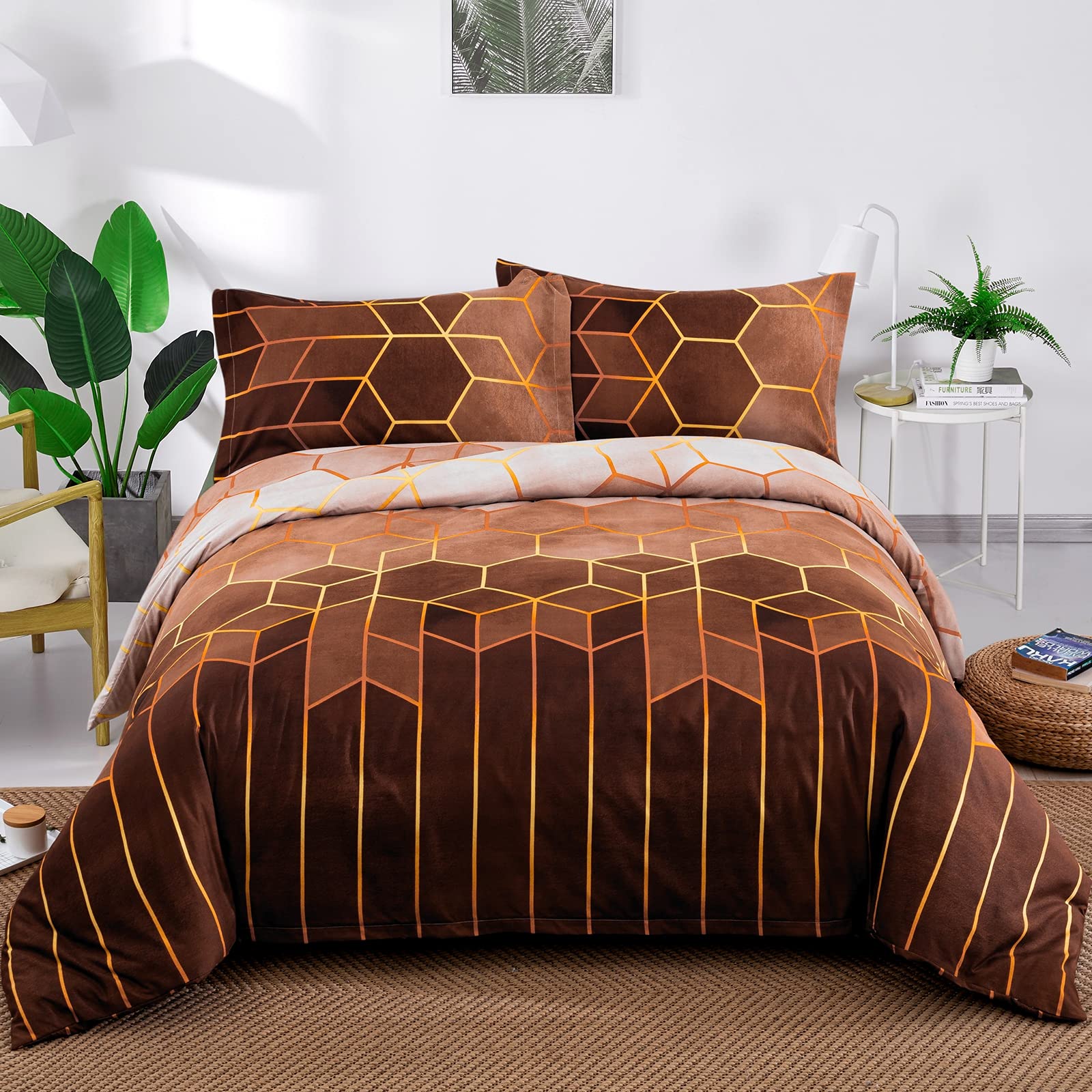 DJY Brown Geometric Duvet Cover Golden Stripes Bedding Set, Reversible Lightweight Bedding Sets 3pcs with Zipper Closure (Double, 200x200cm)