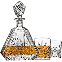 Whiskey Decanter Set with 2 Old Fashioned Whisky Glasses for Liquor Scotch Bourbon or Wine - Irish Cut Triangular
