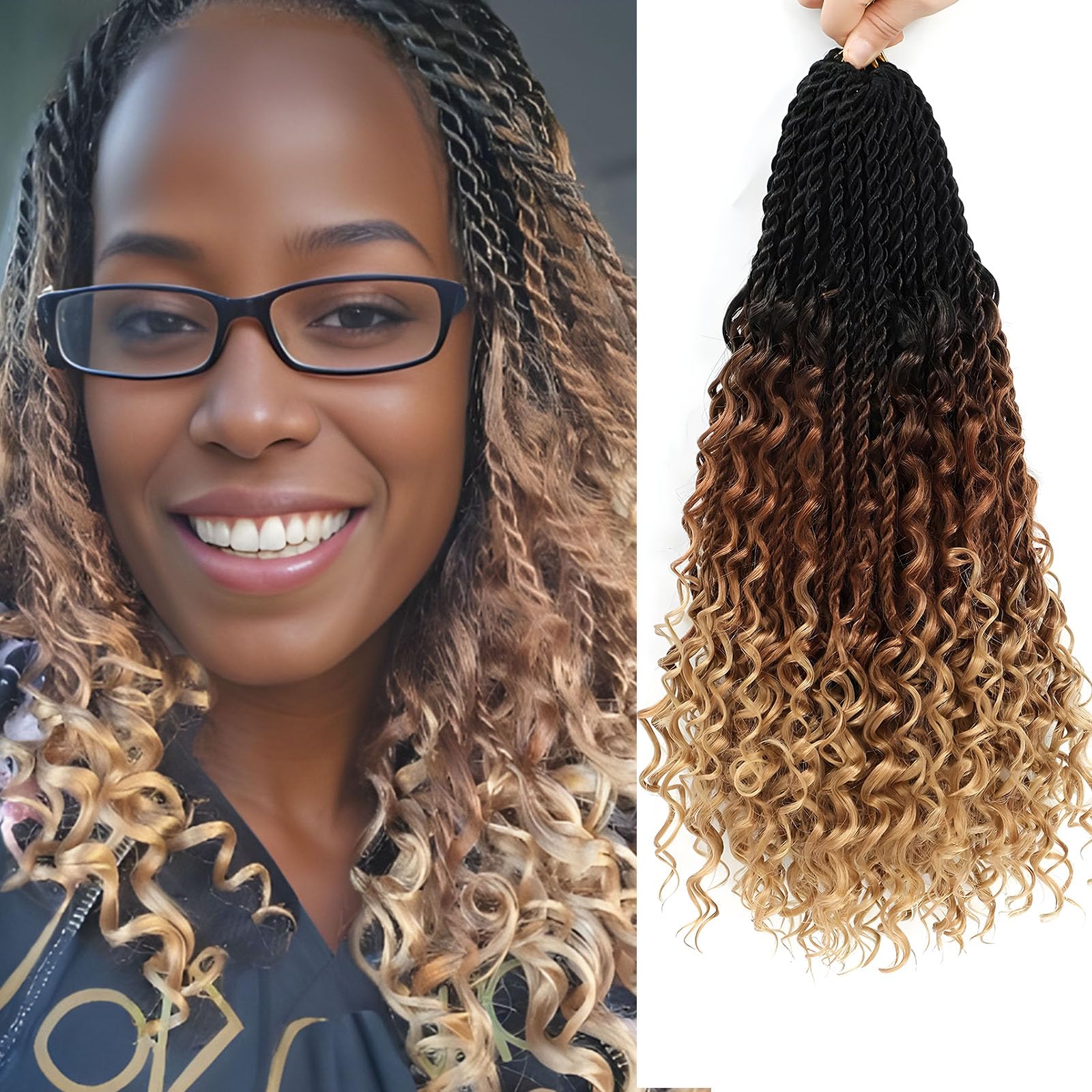 QIDESHENG 9 Packs Senegalese Twist Crochet Hair 14 Inch Pre-Looped Island Twist Boho Crochet Braids Hair Extensions with curls Synthetic Crochet Hair Extensions for Black Women（1B） (1B/30/27, 14Inch)