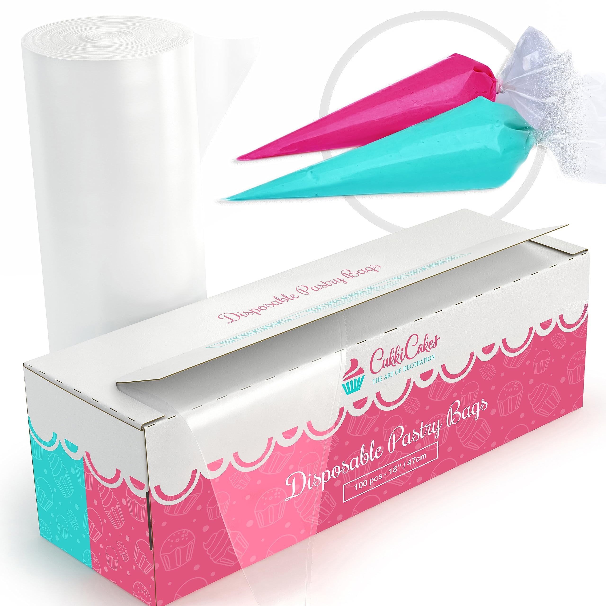 CukkiCakes 100pcs 18'' Large Disposable Piping Bags - Icing Bags 100% Recyclable - Pastry Bag with Extra Thick Layer (0.08mm) for Cake Decoration