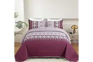 WONGS BEDDING Boho Quilt Set Queen,3 Pieces Purple Red Bedspread Coverlet Set with 2 Pillowcases,Lightweight Microfiber Bohemian Bedding Set Queen 96"×90"