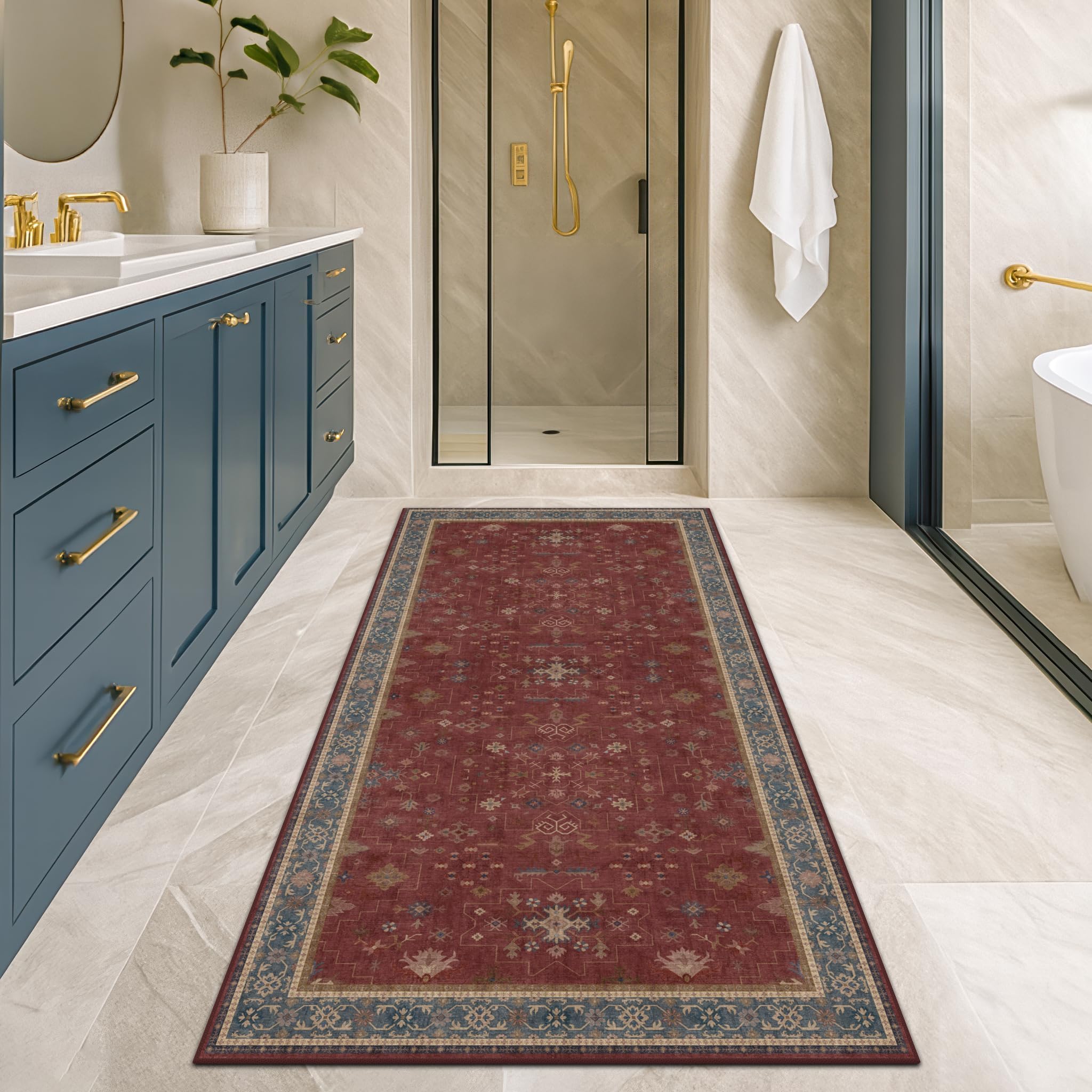 Photo 1 of Boho 2x5 Small Kitchen Runners Rugs Non Slip - Washable Soft Area Rugs for Bedroom, Floral Non Skid Runner Carpet for Bathroom, Laundry Room, Hallway, Entryway (Dark Red)