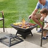 ZENO Square Fire Pit 3 in 1 BBQ Grill Patio Heater Mesh Lid Log Poker view 9